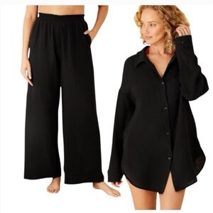 Shade & Shore Gauze Wide Leg Pants/ Button Down Shirt Set Coverup Pjs Loungewear